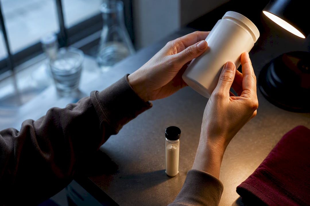 Hands checking anonymous vitamin D3 supplement container