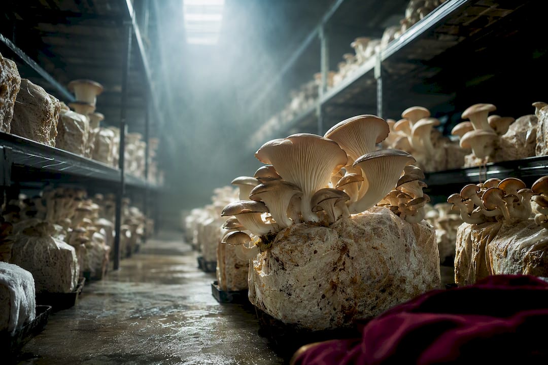 Mushrooms growing in a controlled cultivation room