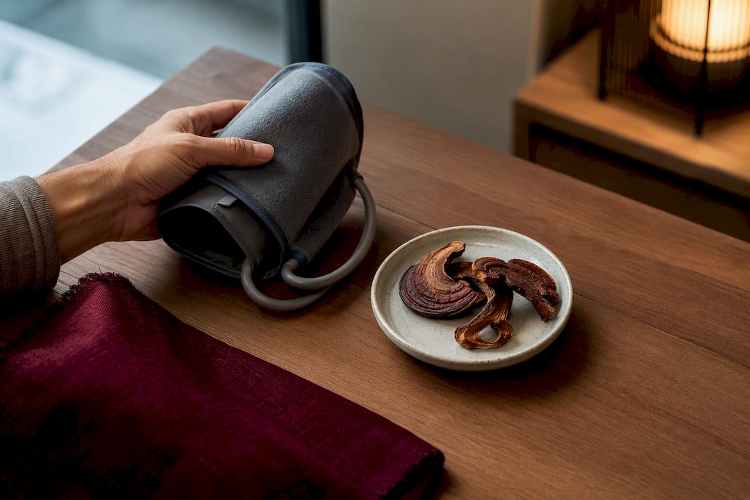 Blood pressure cuff beside dried reishi mushrooms