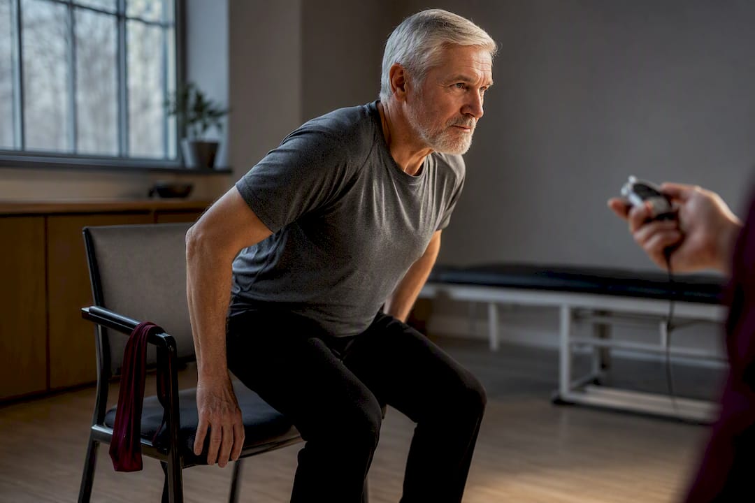Older adult completing sit-to-stand assessment
