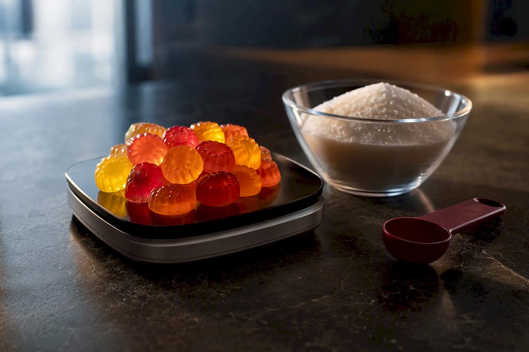 Gummy candies beside measured sugar serving