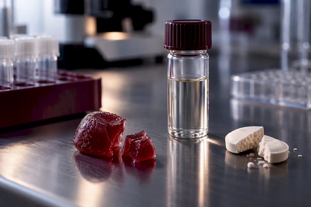Gummy and tablet fragments beside clinical sample vial