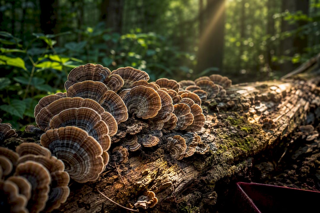 Turkey tail mushrooms growing on fallen wood