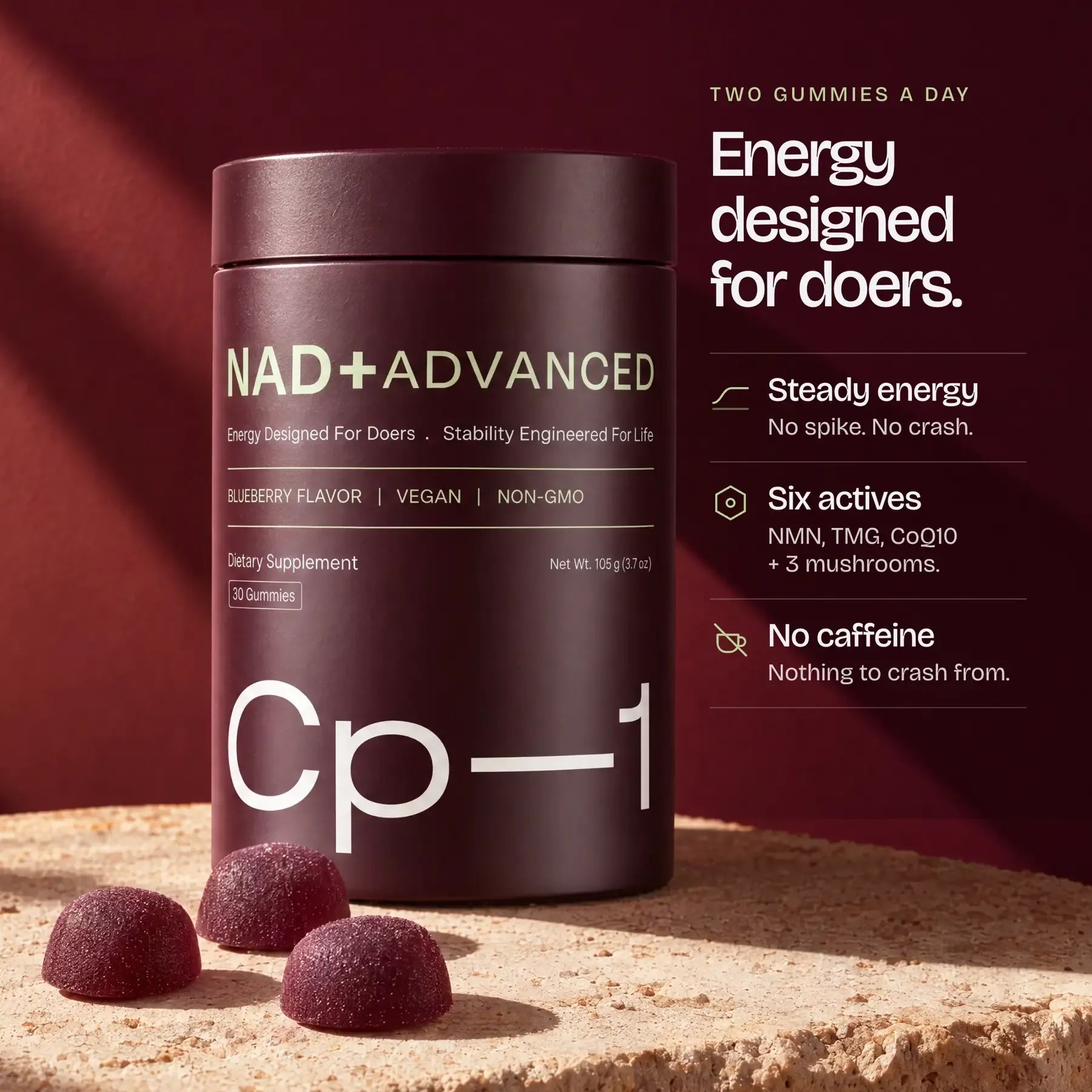 Two CP-1 gummies a day: six actives (NMN, TMG, CoQ10 and three mushrooms) and no caffeine
