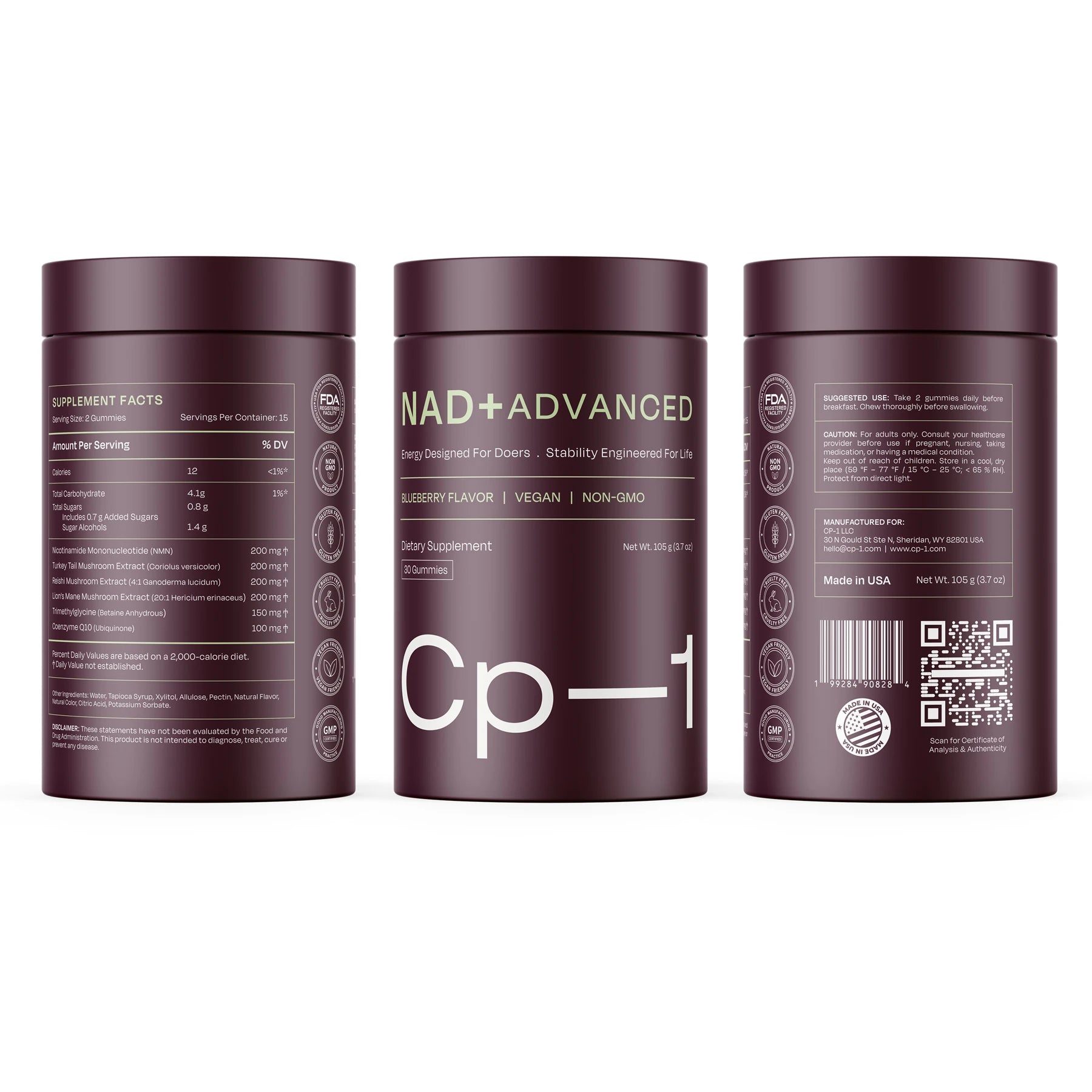 The front, back and side of the CP-1 jar, including label and QR code